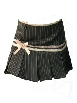 Kpop Streetwear Negru Cu Dungi Fusta Talie Mare Arc A-Line Fusta Femei Elevii Haine Fusta Plisata Școală Gotic Primavara-Vara