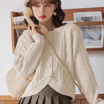 Coreean o de gât Aluat Prajit Răsturnări de situație tricotate cardigan femei top design Nou pulover 2023 corn de Vacă butonul pulover cardigan feminin strat