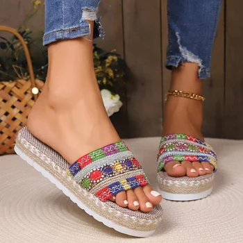 Vara Noua Platforma Pantofi pentru Femei 2023 Moda Broderie Deschis Deget de la picior Plat Slide-uri de Incaltaminte pentru Femei, Casual în aer liber Wedge Sandale