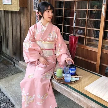 Sakura Fata Kimono Dress Japoneze Yukata Obi Halat De Baie Femei Florale Imprimare Haori Japonia Uniformă Cosplay Costum Petrecere Rochie Scurtă