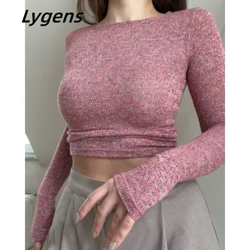 Lygens Solid Slim O Gatului Maneca Lunga Talie Mare Elegant Crop Top Tricouri 2023 Y2K Streetwear en-Gros Casual Femei de Îmbrăcăminte
