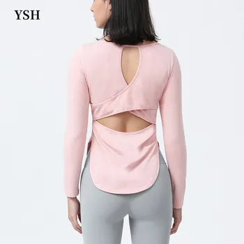 YUSHUHUA Cruce Topuri de Sport Pentru Sală de sport Femei cu Maneci Lungi Spate Deschis de Fitness Yoga Tricouri Respirabil Activewear Exercițiu de Funcționare Tricouri
