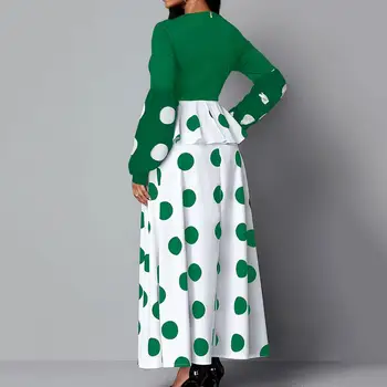 Forma a-line Dress V Gâtului Dot Print Maxi Rochie cu Unduiri Mozaic Dantela-up Talie Mare pentru Femei-linie Primăvară Rochie de Primavara-Toamna
