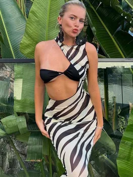Zebra Print Long Beach Dress Cover-Up-Uri Sexy Ochiurilor De Plasă Transparentă Rochie Maxi Cu Dungi Taie Bodycon Vacanta De Vara Rochie De Femei 2023