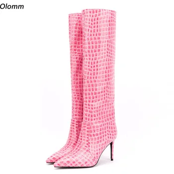 Olomm Handmade Femei Cizme Genunchi Ridicat Piatră Model Slip Subțire Pe Tocuri Ascuțite Toe Roz Roșu Pantofi Femei Plus Dimensiune SUA 5-15