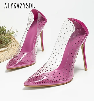 AIYKAZYSDL 2024 Cristal Stras Roz Pompe de Femei Clar Transparent Curtea Stripteuză Pantofi cu Toc Stiletto Pantofi de Nunta
