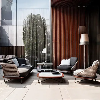 Nordic outdoor rattan canapea, living, masă de cafea, minimalist rattan scaun combinație