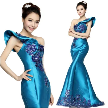 Vintage Shanghai Qipao De Lux Frumos Vestido De Îmbrăcăminte Tradițională Chineză Pe Un Umăr Lung Albastru Cheongsam