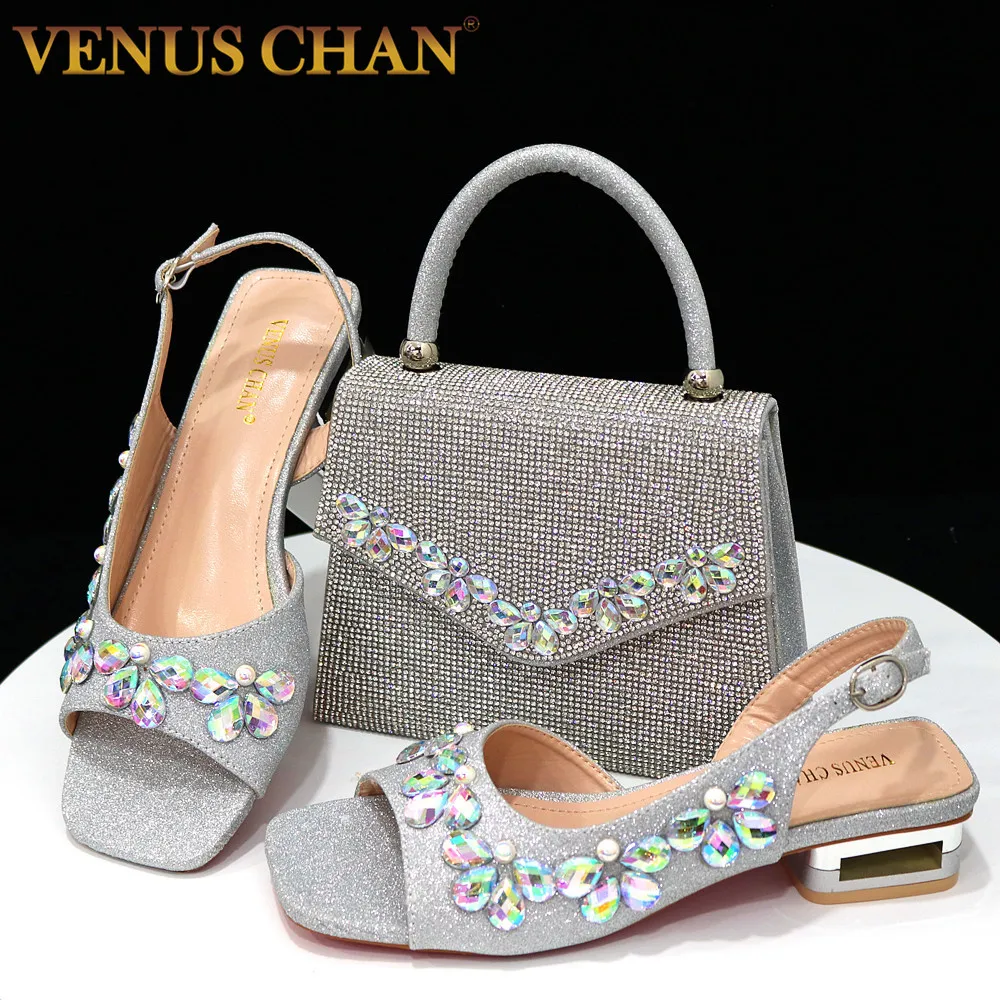 Venus Chan 2023 Petrecere Elegantă, Pantofi pentru Femei de Nunta Tocuri Joase de Moda de Flori Stras Argintiu Culoare de Potrivire Pantofi si Genti