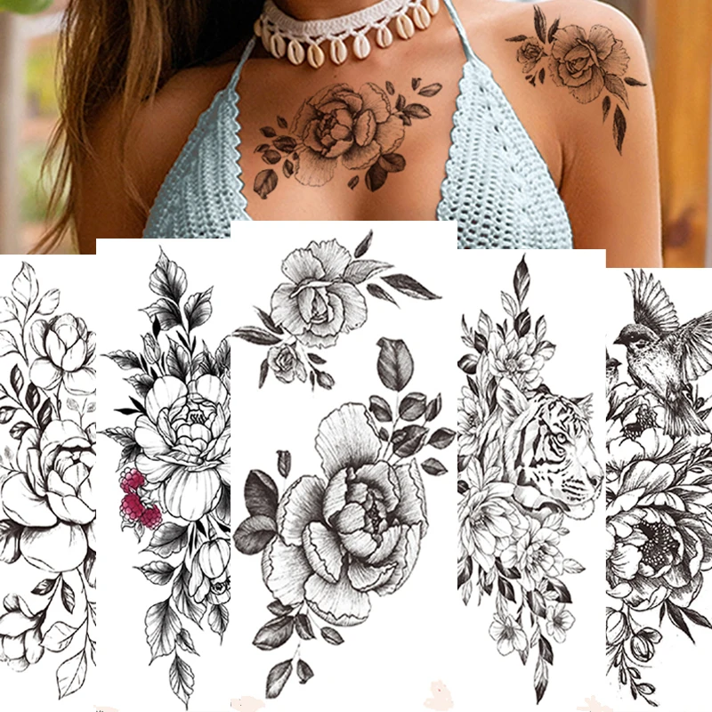 1 BUC Negru Bujor Floare Trandafir Șarpe Impermeabil Tatuaj Temporar Autocolant Body Art Bratul de Mână Fată Femei Decor Fals Tatoo