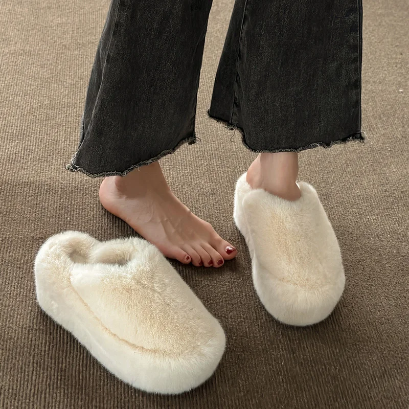 Papuci De Casa Platforma Pantofi Plat De Sex Feminin Pe O Pană Slipers Femei Acoperi Toe Blana Șlapi Încălțăminte De Iarnă Slide-Uri Cu Toc Catâri