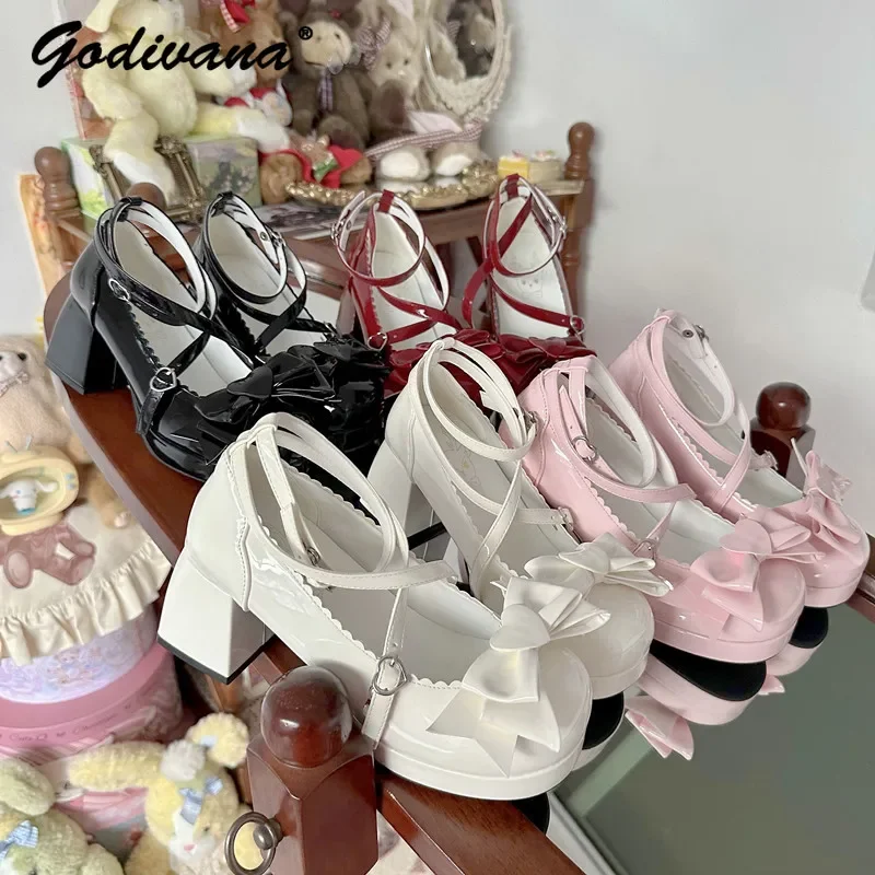 Lolita Stil Japonez Fata Dulce Elegant Fund Gros cu Toc Mary Jane Pantofi pentru Femei din Piele de Moda Pompe Arc Platforma Pantofi