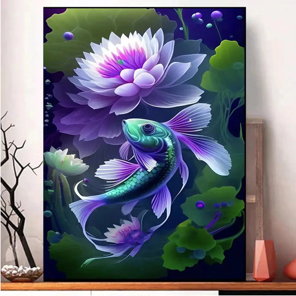 5d Diamant Pictura Purple Lotus Pește Koi DIY Pline de Gaurit cu Diamant Broderie Animale Mozaic Stras cruciulițe Y915
