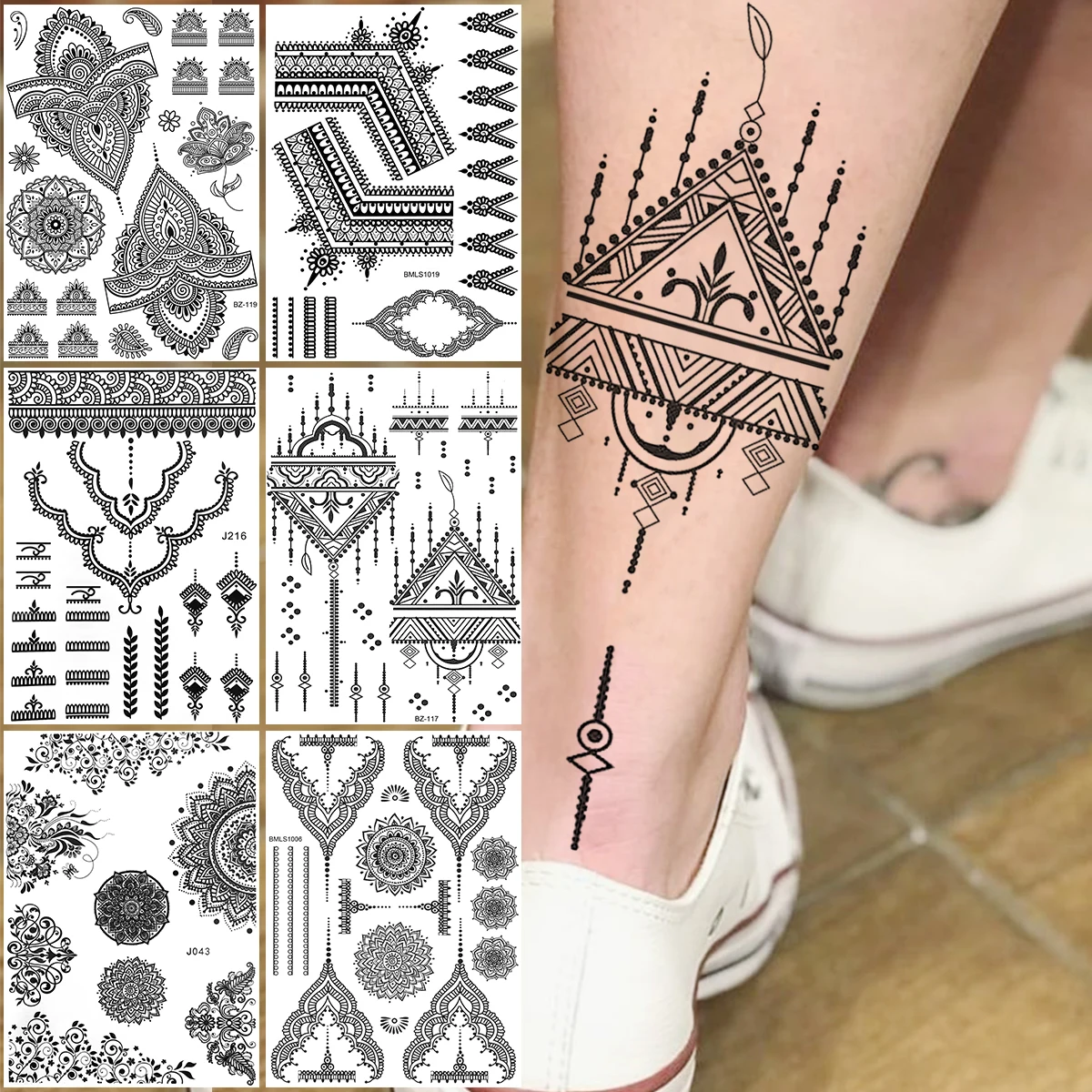 Indian Hena Geometrice Temporare, Tatuaje Pentru Femei, Adulți Realist Henna Dantelă Flori Autocolant Tatuaj Fals Picior Braț Boem Tatuaje